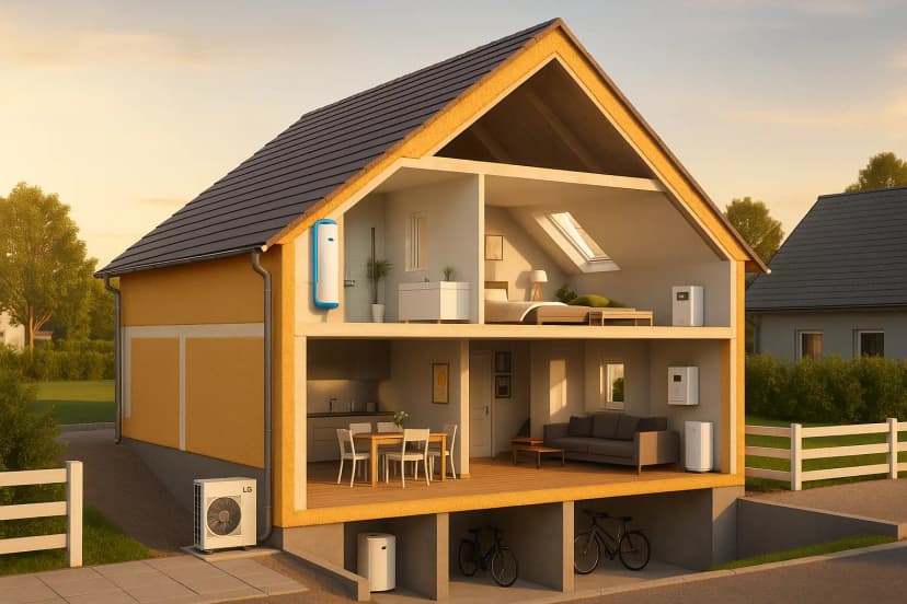 Coupe d'une maison rénovée : isolation, PAC, ventilation